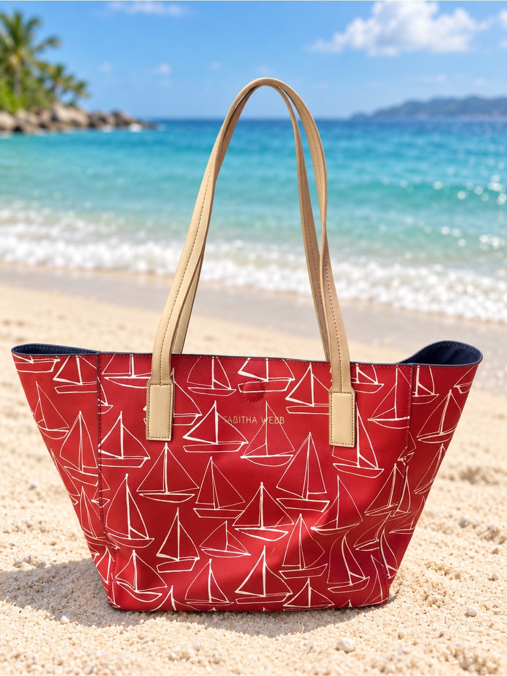 Red Sailboat-Print Tote with Tan Handles by Tabitha Webb